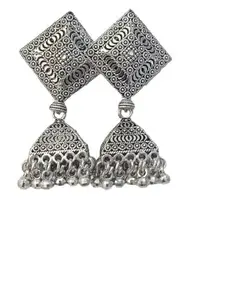 Saafrlife Women Traditional Square Oxidised Vintage Bohemian Jhumka with silver beads