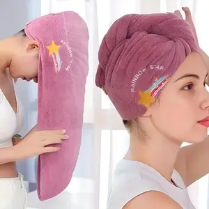 (Multi-Color) Microfiber Hair Drying Towel Cap for Women & Girls – Soft & Quick Dry Wrap with Cute Embroidery – Ultra Absorbent Bath Turban for Long Hair – Anti-Frizz Hair Wrap with Button Pack of 1