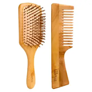 Gleva Bamboo Detangler Hair Brush & Neem Wood Hair Comb for Curly, Thick, Straight Hair, 100% Natural Wooden Comb, Hair Growth Scalp Massager with Natural Bristles for Smooth & Healthy Hair (Square)
