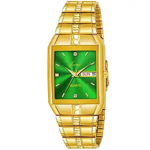jainx Day and Date Green Dial Golden Chain Analog Wrist Watch for Men - JM1153