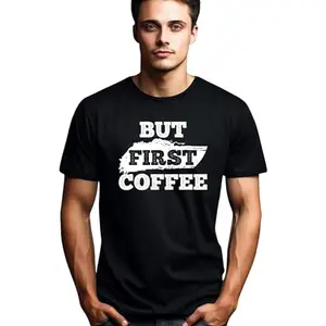 Seek Buy Love But First Coffee T-Shirt, Trendy Caffeine Lover's Tee, Unisex Coffee Addict Shirt, Casual Graphic for Barista (Medium, Black)
