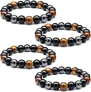 Blessing Crystal 4 Pieces Triple Protection Bracelet 8 MM Tiger Eye Beads Bracelet Lava Stone Essential Oil Diffuser Bracelets Stress Relief and Anxiety Braceleta for Men Women