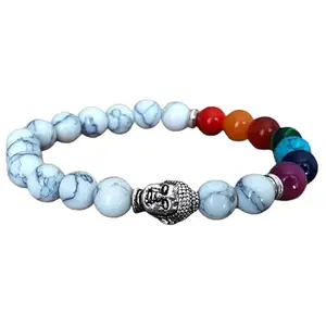 RRJEWELZ 8mm Natural Gemstone 7 Chakra Stone & Howlite Round shape Smooth cut beads 7.5 inch stretchable bracelet for men & women. | STBR_RR_02077