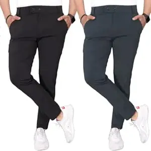 Men’s Slim Fit Lycra Casual Trousers Combo Pack of 2 | Stretchable Formal Pants for Men | Mid Rise Smart Office & Casual Wear Ankle Length Trouser