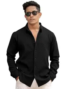 WIZOON Shirt for Man | Men’s Black Textured | Regular Fit | Textured Cotton Blend Casual | Full Sleeves | Spread Collar Western Stylish