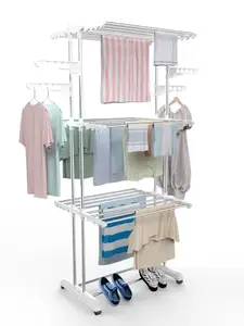 H Houseware Premium Heavy Duty Stainless Steel Foldable Cloth Drying Stand/Clothes Stand for Drying/Cloth Stand/Clothes Dryer/Laundry Racks with Wheels (White 3 Tier Stand)