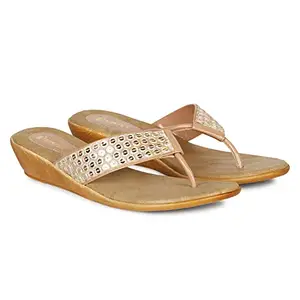 Denill Women T Strap Wedge Slipper UK- 7 Peach color