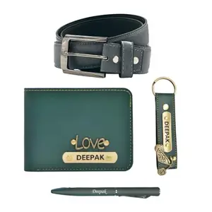 YOUR GIFT STUDIO Leather Men's Wallet, Belt, Keychain and Pen Combo | Customized Men's Gift Set with Name & Charm | Personalized Leather Wallet Birthday Gift for Men (Green)