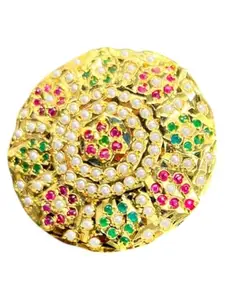Baandhani Fashion Traditional Jadau Ring, Multicoloured Flower Design with Gemstones, Adjustable Size