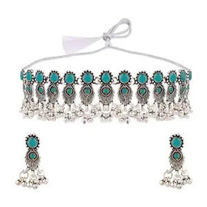 Amazon Brand - Anarva Oxidized Charms Green Crystal Choker Necklace Earrings Set for Women