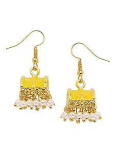 Fabula by OOMPH Jewellery Yellow Meenakari Pearls Ethnic Small Palki Jhumka Earrings For Women & Girls Stylish Latest (EHC118_AMR1)