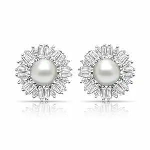 Zarkan 925 Silver Pearl Elegant Tops Earring With Rectangle AD
