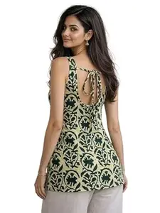 Aahwan Printed Back Deep Round Neck Sleeveless Short Tunic Top & Kurti for Women's & Girl's