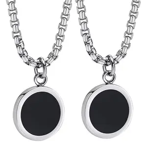 National (Pack Of 2 Pcs Silver Stainless Steel Box Chain With Dripping Glue Black Geometric Round Enamel Sand Natural Stone Shell Male Punk Minimalist Pendant Locket Necklace For Men's & Boy's