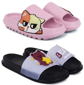 Pampy Angel Combo Pack of 2 Slipper/Flip Flops/Slides for Women,(Pika-Pink,Bear-Black),37 (Euro)