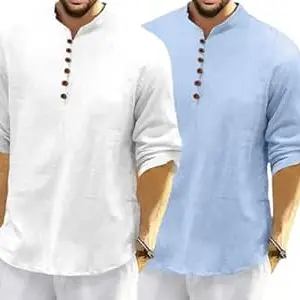 FINIVO FASHION Combo of Men’s Casual Full Sleeve Kurta Style Shirt with Button Placket, Lightweight Breathable Fabric, Regular Fit Ethnic Fusion Wear for Daily & Festive Use Pack of 2