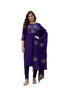 SAMRAGNI Women’s Pure Viscose Mango Silk Kurti Set | Multi Embroidery Sequins with Hand Work | Maslin Silk Embroidered Dupatta