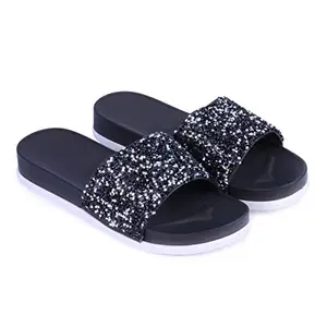 Joda Ghar Women's Slippers Indoor House or Outdoor Latest Fashion Black FlipFlop Slipper for women - Eu Size 35 | UK Size 3 [Cheeni-Black]