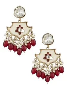Atibelle gold plated & maroon-White kundan stone studded floral shaped Chandbali Earrings
