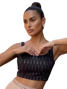 Aanyor Women’s Black Ikat Printed Saree Blouse | Sleeveless | Back Hook & Eye Closure | Readymade Ethnic Wear for Festive, Wedding & Party