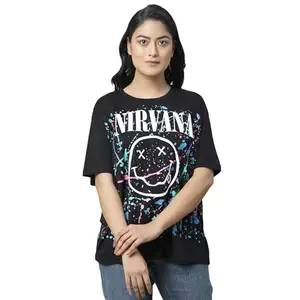 Free Authority Nirvana Printed Loose Fit Charcoal Cotton Women's T-Shirt