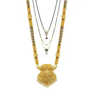 Brado Jewellery Traditional Necklace Pendant Gold Plated Hand Meena 30 inch Long and 18inch short Combo Of 3 Mangalsutra/Tanmaniya/nallapusalu/Black Beads For Women and Girls