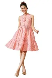 Janasya Women's Peach Cotton Floral Printed Fit & Flare Dress