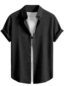 WIZOON Shirt for Men | Half Sleeves | Men’s Black Textured | Cotton Blend Shirts | Casual Shirt's | Spread Collar | Short Sleeves | Regular Fit