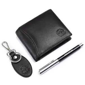 MEHZIN Men Formal Black Genuine Leather RFID Wallet with Pen & Key-Chain Combo Set (9 Card Slots)