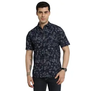Turtle Men 100% Cotton Indigo Printed Slim Fit Navy Blue Casual Shirt