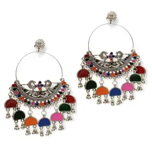 Dulcett India Ethnic Style Earrings |Oxidised Chandbalis Earrings | German Silver Multi colour Meenakari Earrings | Oxidised Silver Designer Earrings for Girls & Women