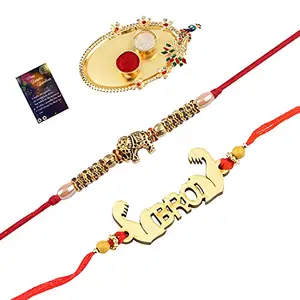 Stylish Bhaiya Rakhi " BRO" Designer Pendent With Designer Look "Elephant" Rakhi Combo For Bhaiya With Roli Chawal And Greeting Card 1 Kankawati Pooja Thali -452