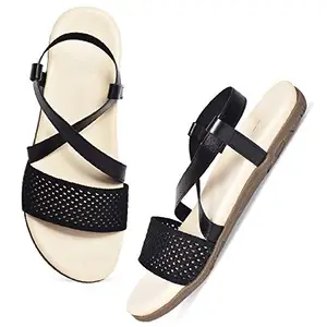 XE Looks Black Cross Style Flat Comfort Sandals For Women