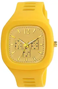 All About TIME SX-664 Matte Finish Square Analog with Silicon Strap Watch for Mens Boys (with Watch Case/Box) (Yellow)