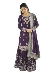 Orriva Womens Heavy Faux Georgette Full Sleeves Round Neck Kurti Featuring 5mm Embroidery Sequence with Palazzo and Dupatta Having Tassels 3 Piece Ethnic Wear