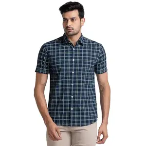 Parx Men's Slim Fit Pure Cotton Print PatternSemi Cutaway Collar Half Sleeve Casual Shirt (Size: 42)-XMST12444-N7 Dark Green