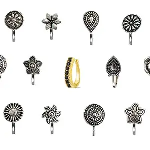 VAMA FASHIONS Without Piercing Nosering Pressing Type Clip on Oxidised Silver nose pin Stud for women (Oxidised nose stud)