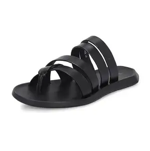 HITZ Men's Black Leather Casual Open Toe Slippers - UK 7