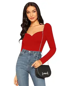 Dream Beauty Fashion Women's Casual Full Sleeves V-Neck Regular Fit Stylish Top - 23" Inches (Isro-Top-04-Red -S)