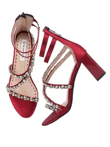 The White Pole Trendy Embellished Stone Solid Zipper Closure Block Heel Sandals For Women & Girls
