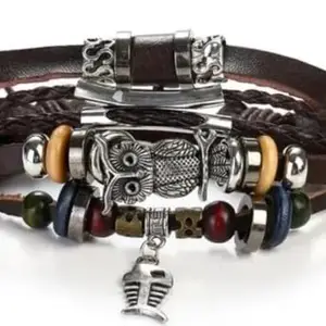 Vintage Leather Bracelet with Owl Charm, Multi-Strand Design, Colourful Beads, Fish Bone Pendant, Brown