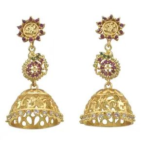 GVG gold plated Pink-Green Traditional CZ Jhumka Earrings| Foaming polish Jewellery|South-indian Jumka Earrings for women By Indian Collectible