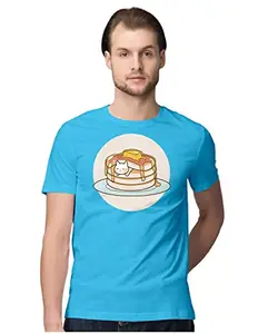 ALLEN BLACK Men's Regular Fit T-Shirt Cute Cat & Pancakes Soaked in Maple Syrup 100% Cotton T-Shirt Sky Blue_CCAPSMEN-Sky Blue 3XL Men Round_