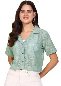 FUNDAY FASHION Casual Net Design Transparent Crop| Stylish Collared Shirt for Women | Casual Shirt for Woman (in, Alpha, S, Regular, Light Green)
