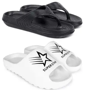 Pampy Angel Combo Pack of 2 Slipper/Flip Flops/Slides/Clogs/Sandals with Adjustable Back Strap for Men,(V-Evafeet-Black,Y-Sstar-White),8 (UK/India)