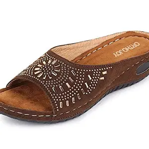 ORTHO JOY Women's Brown Faux Leather Slipper - 3 Uk