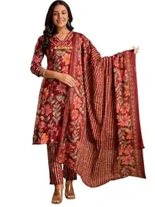 feranoid Pure Cotton Split V-Neck with Gathered Panel 3-Piece Kurta Set with Printed Dupatta (M–3XL)