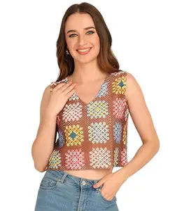 Masalli Fashion Fashfun Women's Multicoloured Crochet V-Neck Crop Top