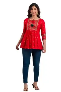 Awadesh Fashion Awadhesh Fashion Cotton Women's Regular Fit Printed Top Red M