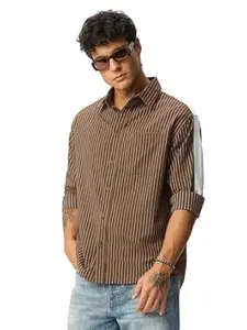 The Souled Store Striped Shirt: Cherry Wood Men and Boys Long Sleeve Spread Collar Brown Striped Lightweight Easy to Style Everyday Office Wear Cotton Relaxed Shirt